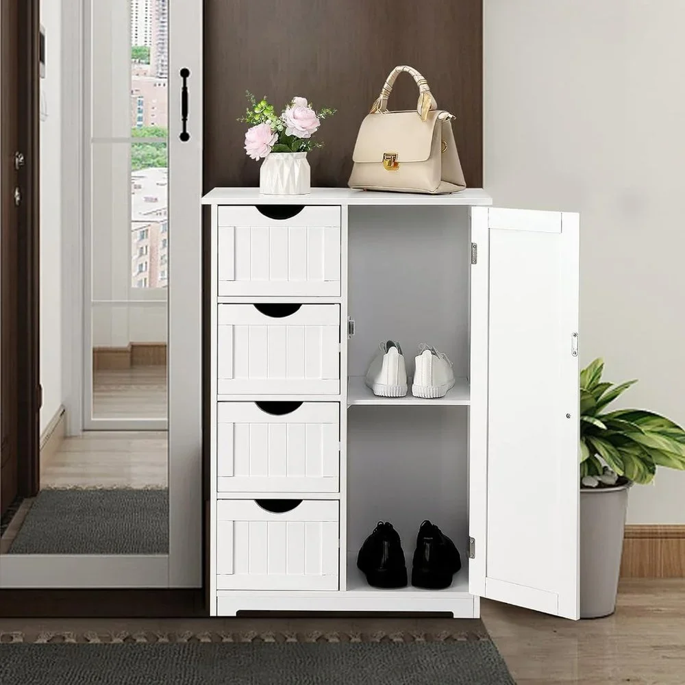 Small Wooden White Storage Cabinet 4 Drawers and 1 Cupboard Adjustable Shelf